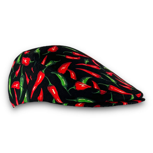 Custom Handmade Flat Cap in Red and Green Chili Pepper Print Cotton
