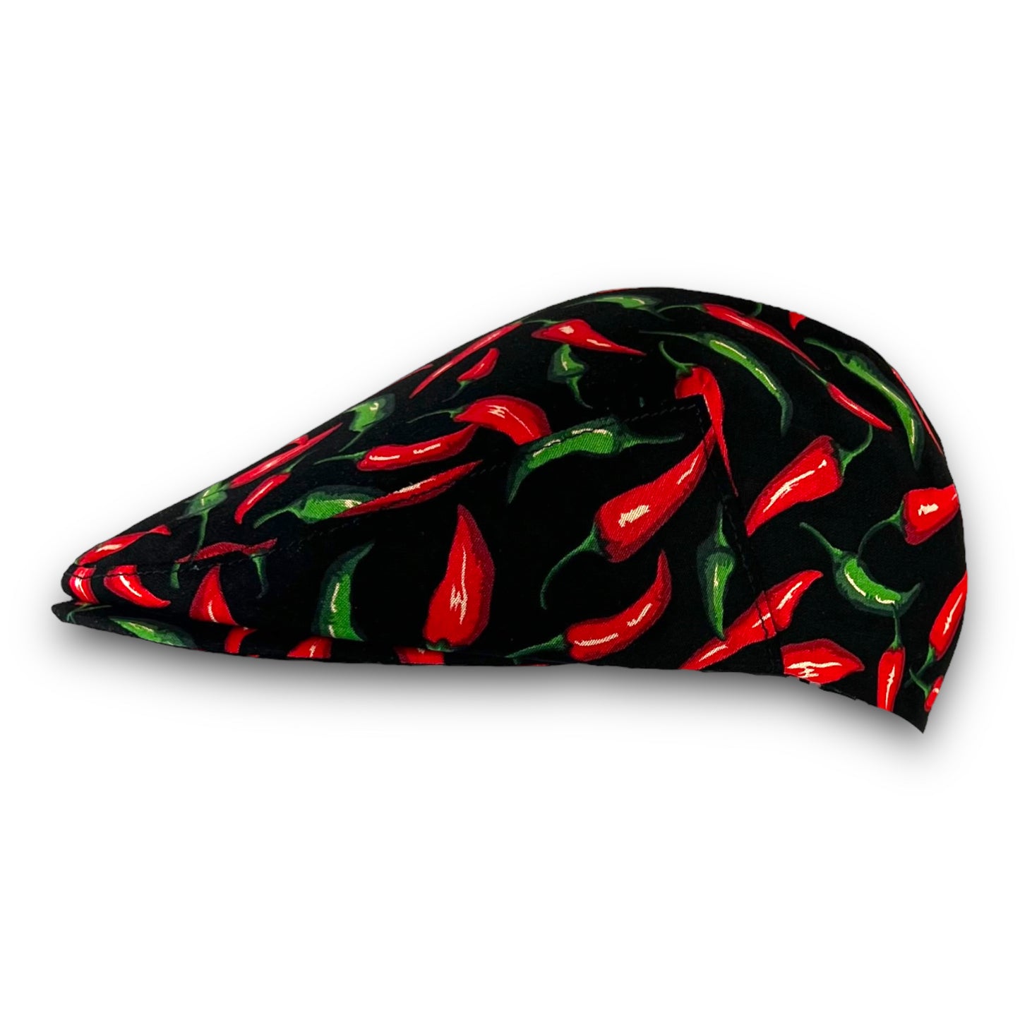 Custom Handmade Flat Cap in Red and Green Chili Pepper Print Cotton