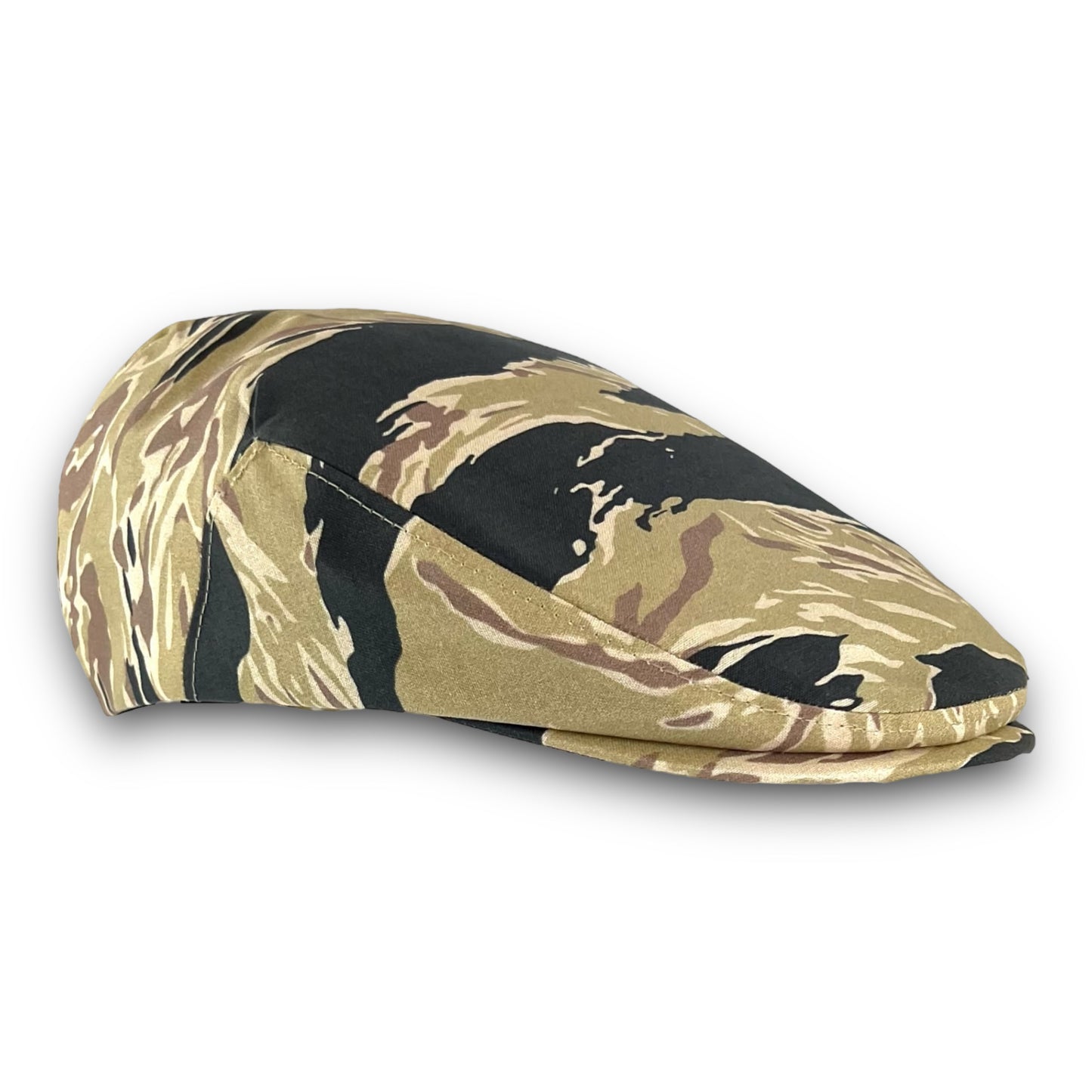 Custom Handmade Flat Cap in Golden Vietnam Tiger Stripe Camouflage Fabric